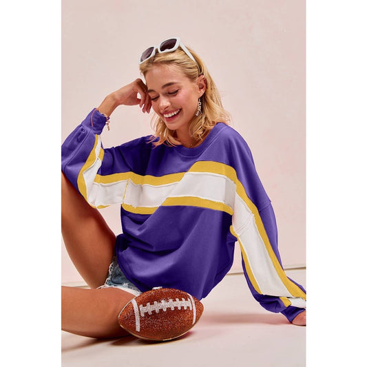 Gameday Theme French Terry Color Block Top: PURPLE/MUSTARD/IVORY / S-M-L-XL(2-2-2-2)