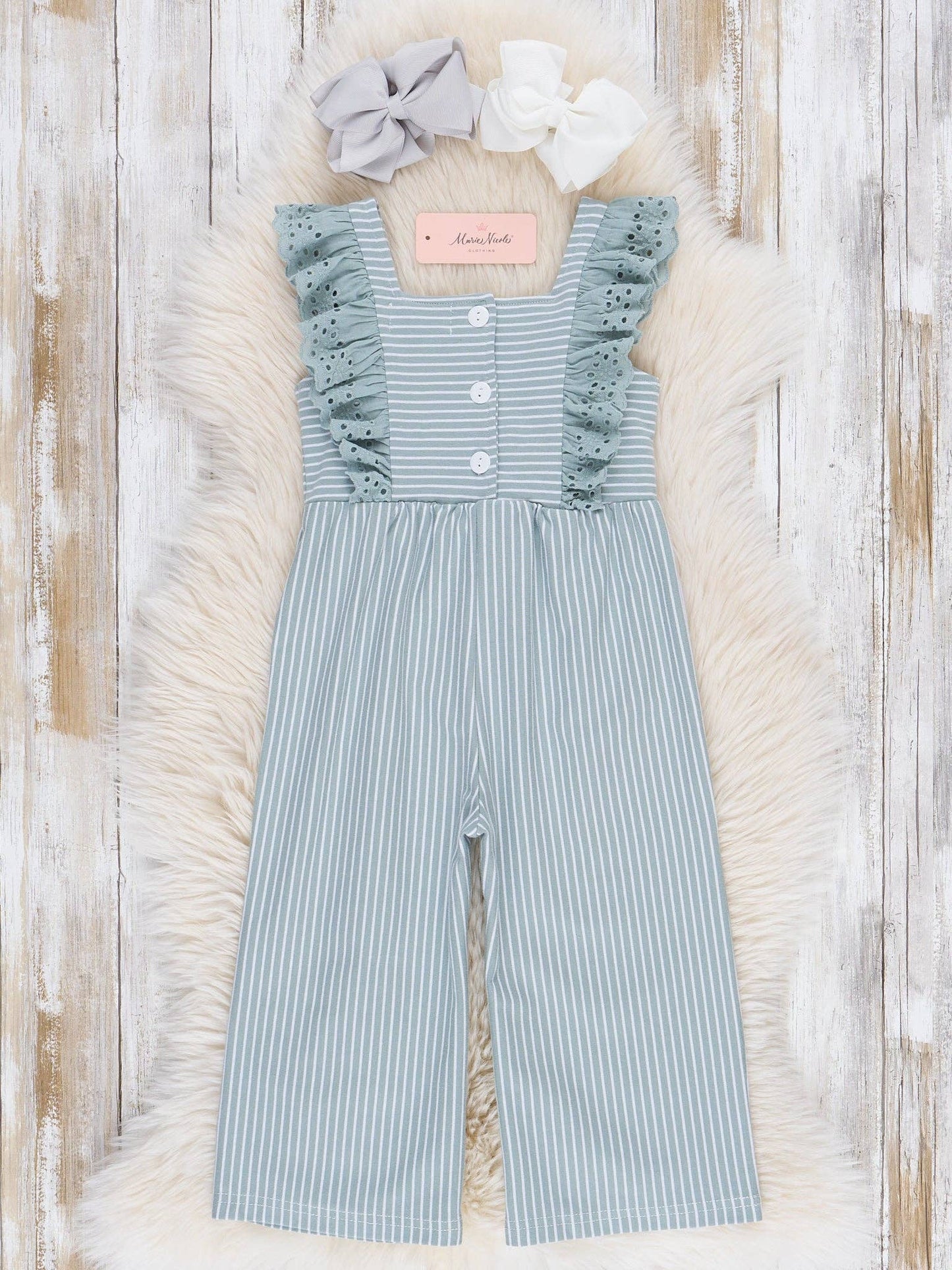 Blue Striped Eyelet Ruffle Jumpsuit: XXXS(6/12mos)