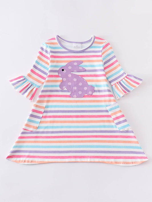 Colored Stripe Rabbit Applique Girl Dress: 4