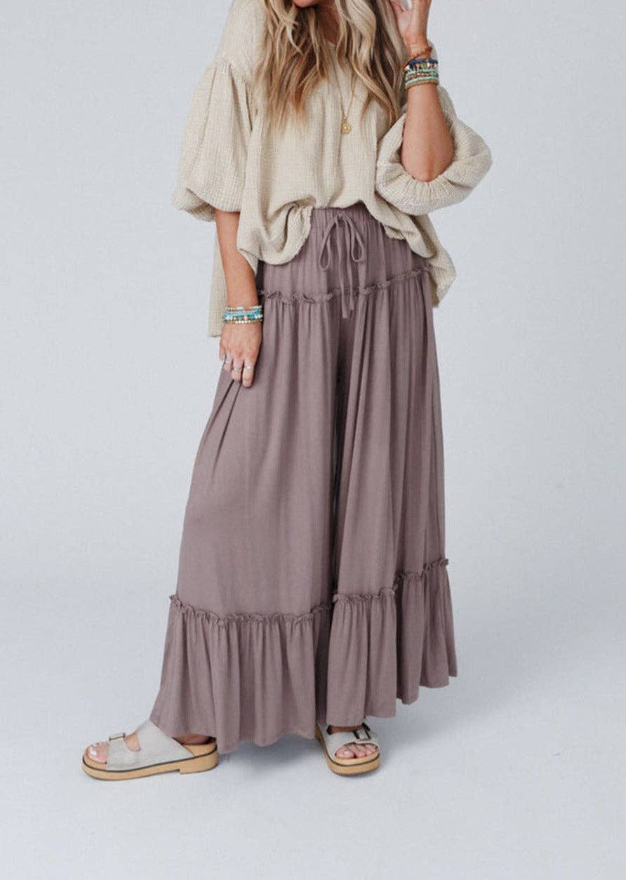 Frilled Wide Leg Pants: Khaki / XL